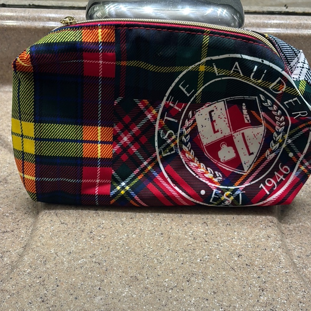 NWOT/BOX - Estee Lauder Vibrant Red and Yellow Plaid Cosmetic Bag